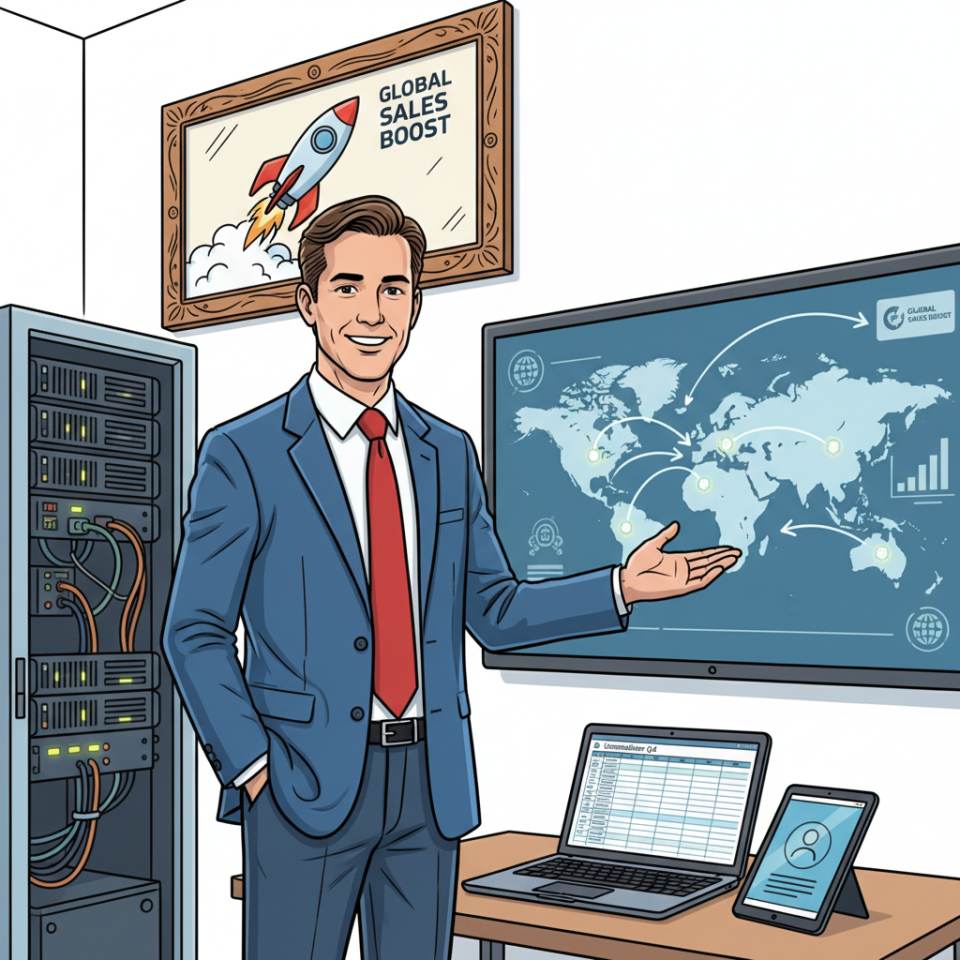 Comic-Darstellung eines Vertriebsleiters mit Laptop, Umsatzdiagramm und Vertriebsteam bei der Kunden- und Zielabstimmung im Büro
