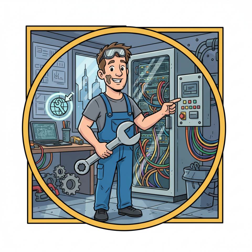 Comic illustration of a mechanic with tools and protective clothing maintaining a machine in a workshop
