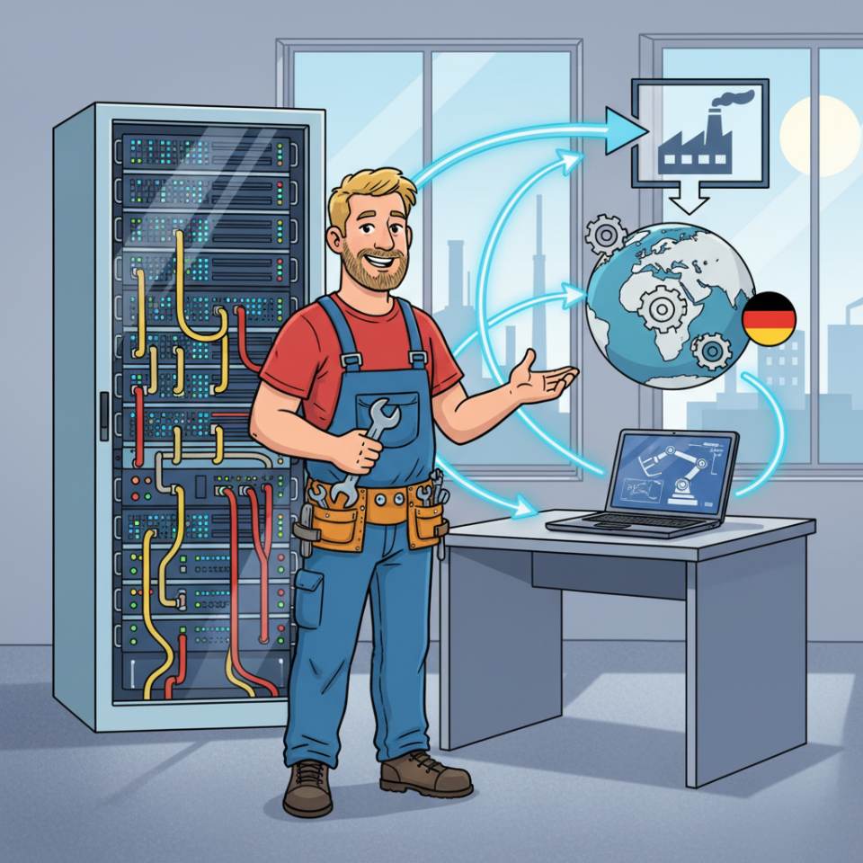 Ilustración tipo cómic de un mecánico industrial con casco y herramientas junto a una máquina de producción en el taller